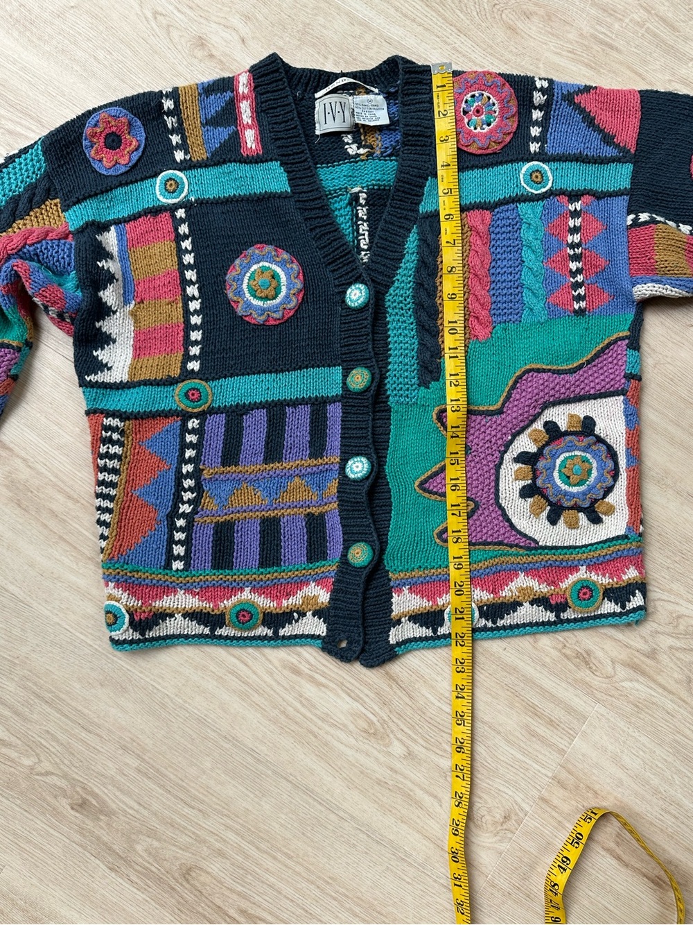 Hand-Knit Patchwork 80s 90s Bold Graphic Quirky Maximalist Oversized Sweater ~ M - Picture 12 of 17